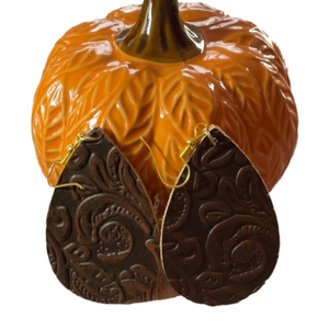 Brown Embossed Leather Teardrop Earrings